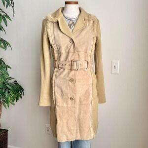 Vintage Knit Suede Fur Trim Cardigan Leather Large Tan